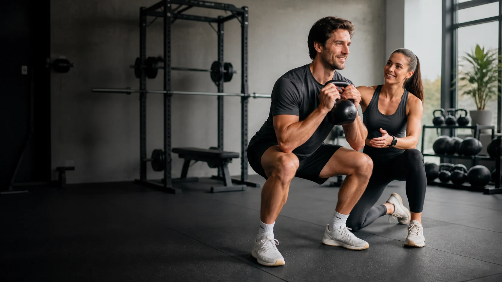 Personal trainer begeleidt een klant tijdens een energieke training